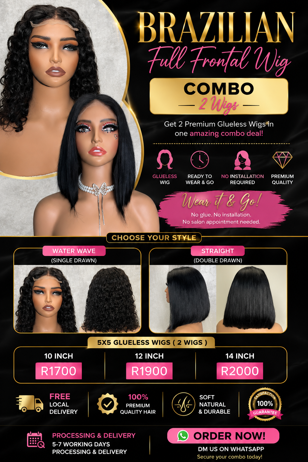 Brazilian Glueless Wig Combo 10"12"14" Water Wave & Straight